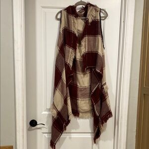 Plaid Fringe Scarf in Red and Cream